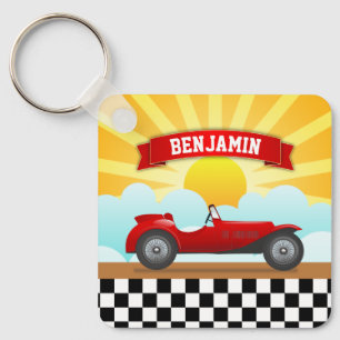 Oude rode raceauto met persoonlijke naam voor kind sleutelhanger