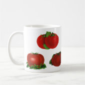 Oude rode rijpe tomaten voedsel, fruit, groenten koffiemok (Links)