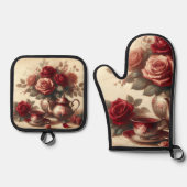 Oude rode roos  ovenwant & pannenlap set (Voorkant)