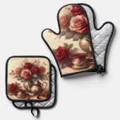 Oude rode roos  ovenwant & pannenlap set (Voorkant / Achterkant)