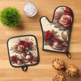 Oude rode roos ovenwant & pannenlap set