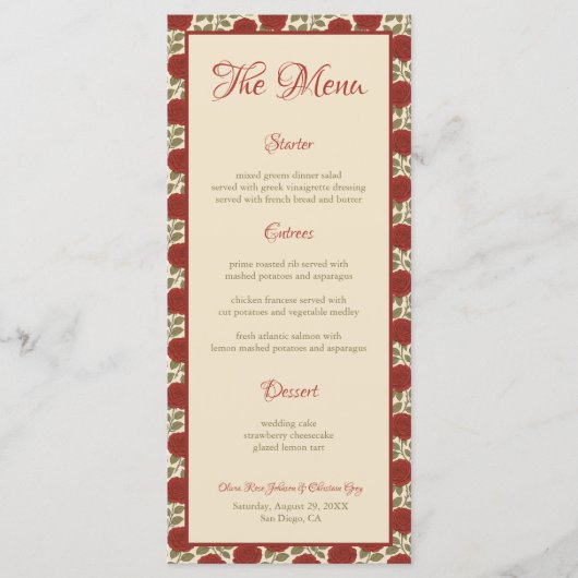 Oude rode rozen bloemen trouwmenu menu (Voorkant)