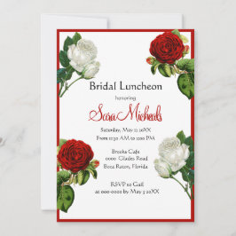 Oude rode rozen bloemstuk bruidslunch kaart