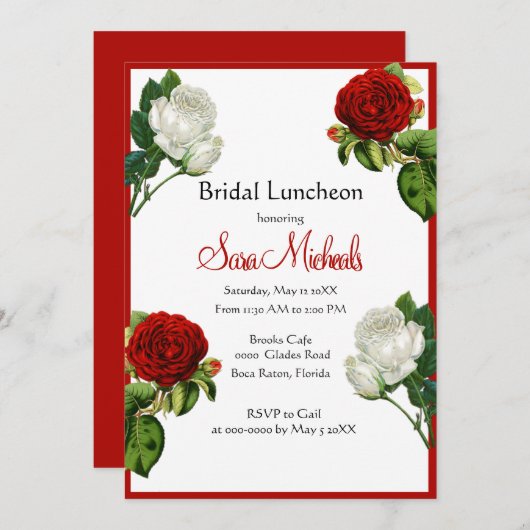 Oude rode rozen bloemstuk bruidslunch kaart (Voorkant / Achterkant)