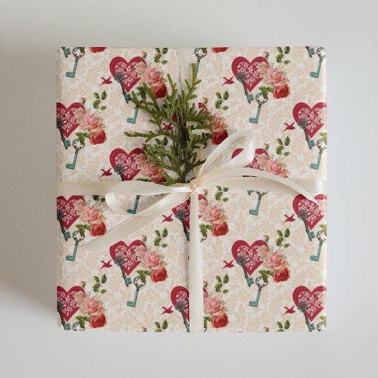 Oude Rode Rozen & Sleutel tot Mijn Hart Valentijns Cadeaupapier