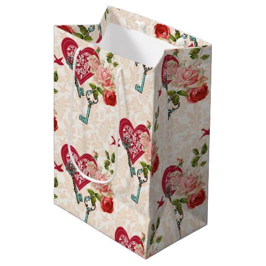 Oude Rode Rozen & Sleutel tot Mijn Hart Valentijns Medium Cadeauzakje (Voorkant Gekanteld)