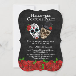 Oude Rode Rozen Suiker Schedels Halloween Feest Kaart