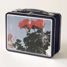 Oude rode rozen tegen een blauwe lucht