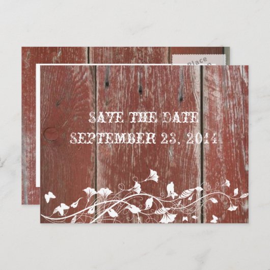 Oude rode schuur Hout Save the Date Aankondigingskaart (Voorkant / Achterkant)