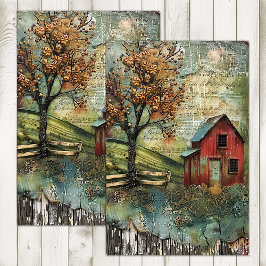 OUDE RODE SCHUUR IN HERFST DECOUPAGE TISSUEPAPIER