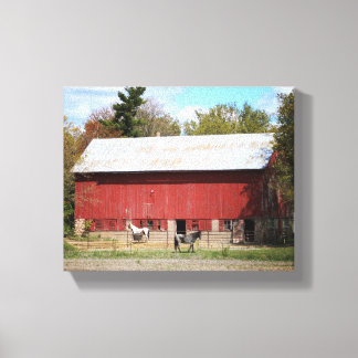 Oude Rode Schuur met Paarden Kleur 8x10 Canvas Afdruk