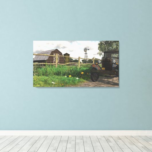 Oude Rode Schuur & Roestige Vrachtwagen Verpakt Ca Canvas Afdruk (Insitu (Houten vloer))