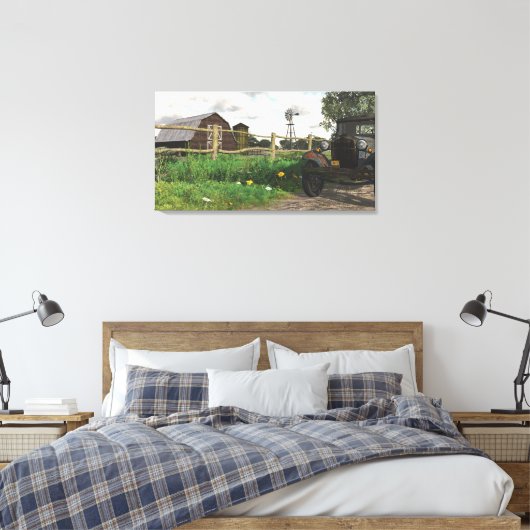 Oude Rode Schuur & Roestige Vrachtwagen Verpakt Ca Canvas Afdruk (Insitu (Slaapkamer))