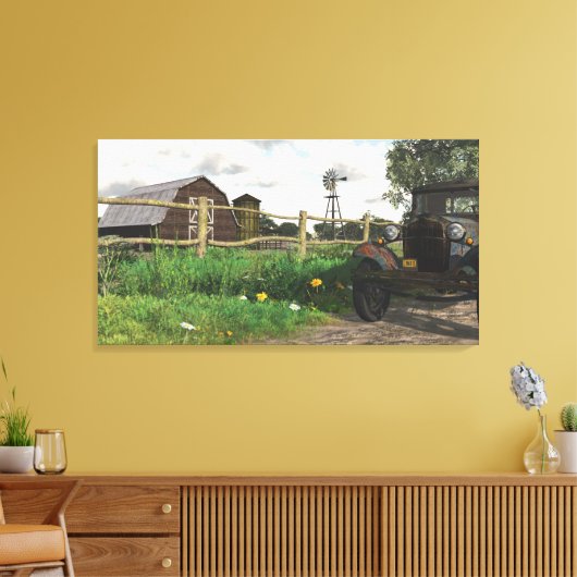 Oude Rode Schuur & Roestige Vrachtwagen Verpakt Ca Canvas Afdruk (Insitu (Woonkamer))