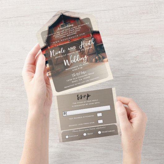 Oude Rode Schuur Rustiek Land Bruiloft All In One Uitnodiging (Afscheurbaar)