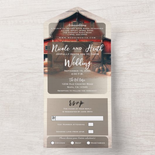 Oude Rode Schuur Rustiek Land Bruiloft All In One Uitnodiging (Binnen)