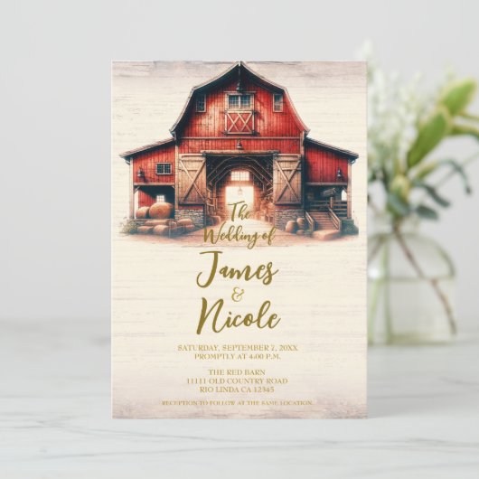 Oude Rode Schuur Rustiek Land Bruiloft Kaart (Staand voorkant)