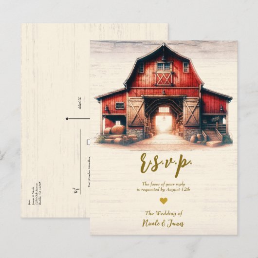 Oude Rode Schuur Rustiek Land Bruiloft RSVP Aankondigingskaart (Voorkant / Achterkant)