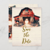 Oude Rode Schuur Rustiek Land Bruiloft Save the Da Aankondigingskaart (Voorkant / Achterkant)