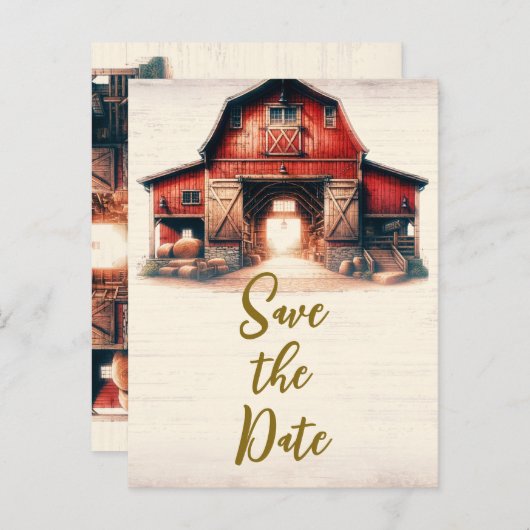 Oude Rode Schuur Rustiek Land Bruiloft Save the Da Aankondigingskaart (Voorkant / Achterkant)