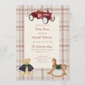 Oude rode speelgoedautobaby shower uitnodiging (Voorkant)