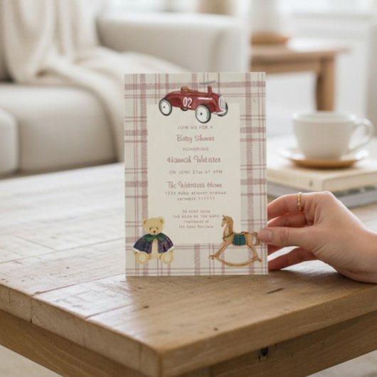 Oude rode speelgoedautobaby shower uitnodiging
