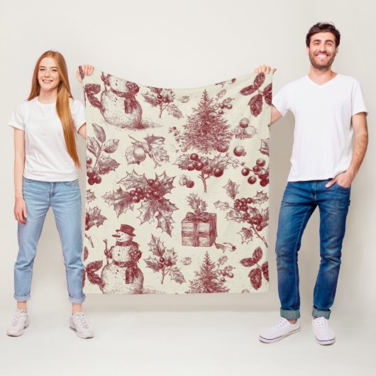 Oude rode toile Kerst botanisch - Hulst Fleece Deken (In situ)