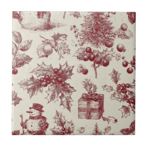 Oude rode toile Kerst botanisch - Hulst Tegeltje