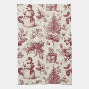 Oude rode toile Kerst botanisch - Hulst Theedoek