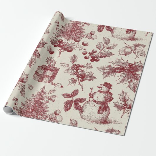 Oude rode toile kerst botanische afbeelding - Huls Cadeaupapier (Uitgerold)