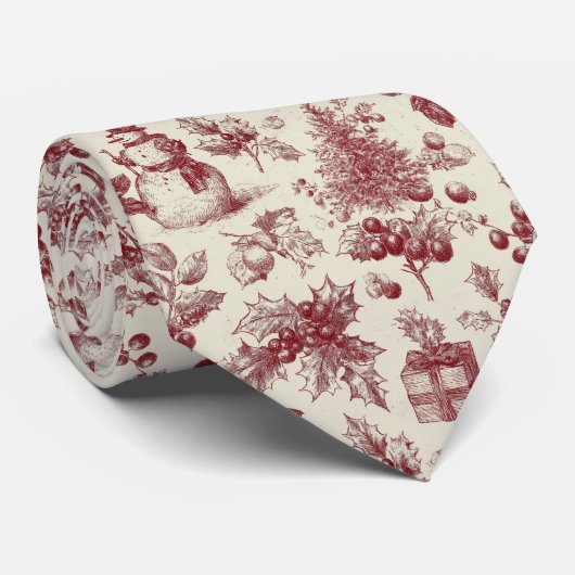 Oude rode toile kerst botanische - hulst stropdas (Opgerold)