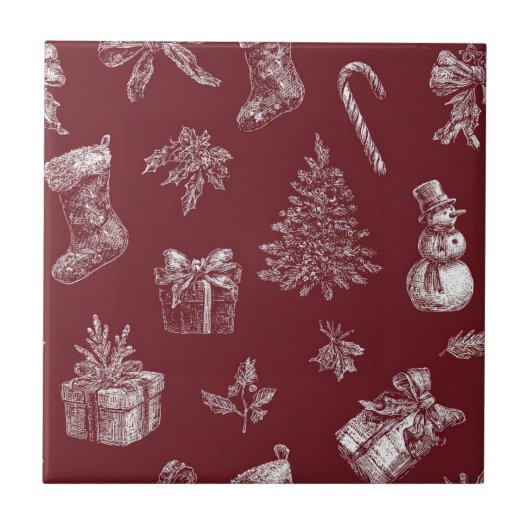 Oude rode toile kerst met kousen (2) tegeltje (Voorkant)