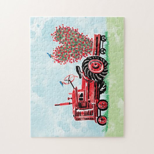 oude rode tractor bloemenhart legpuzzel (Verticaal)