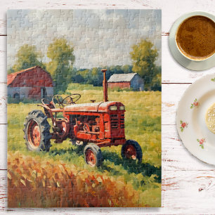 Oude rode tractor boerderij retro platteland lande legpuzzel
