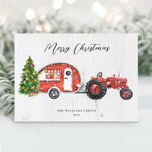 Oude rode tractor camper kerst niet-foto feestdagenkaart