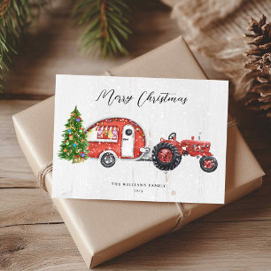 Oude rode tractor camper kerst niet-foto feestdagenkaart