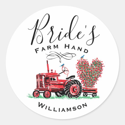  Oude Rode Tractor Heart Bride Boerderij Hand Ronde Sticker (Voorkant)