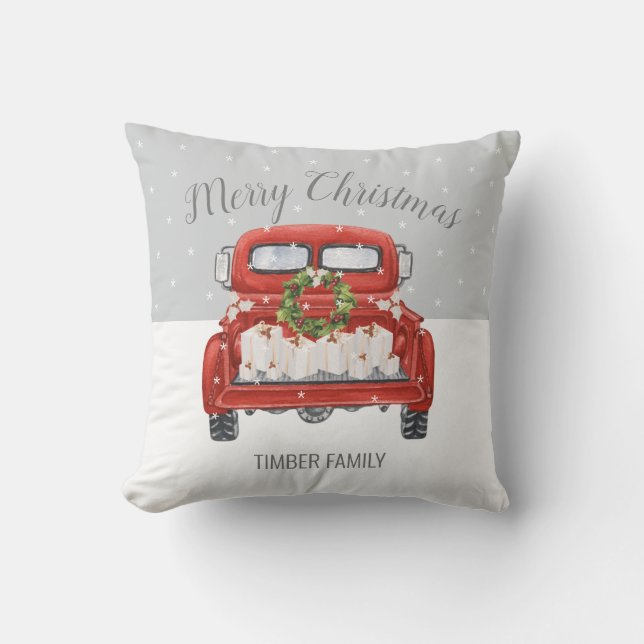 Oude Rode Truck Grijs Witte Kerst Kussen (Voorkant)