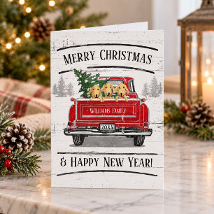 Oude Rode Truck Honden Kerstboom Familie Feestdagen Kaart