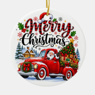 Oude Rode Truck Kerstman Kerstbal Keramisch Ornament