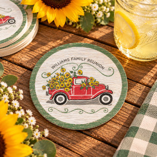 Oude Rode Truck Zonnebloemen Rustieke Familiereüni Ronde Kartonnen Onderzetter