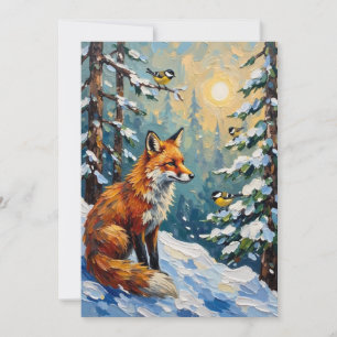 Oude rode vos en mezen kerstschilderij feestdagenkaart