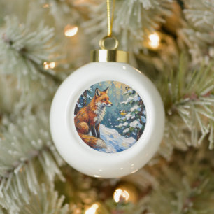 Oude rode vos en mezen kerstschilderij keramische bal ornament