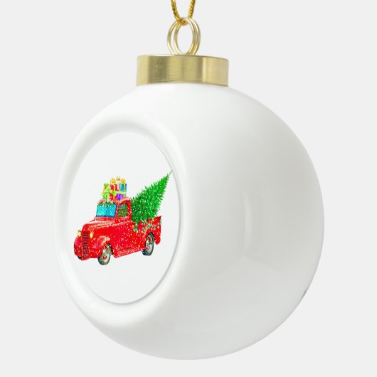 Oude Rode Vracht met cadeaus en kerstboom Keramische Bal Ornament (Rechts)