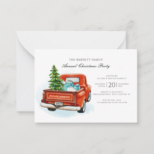 Oude rode vrachtwagen boom familie kerstfeest notitiekaartje (Voorkant)