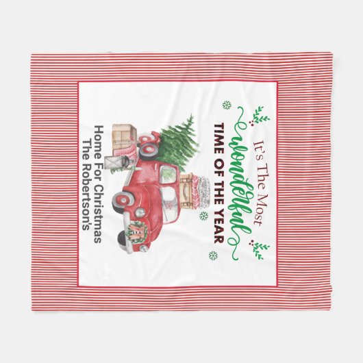 Oude Rode Vrachtwagen Boom Huis voor Kerstmis Gooi Fleece Deken (Voorkant (Horizontaal))