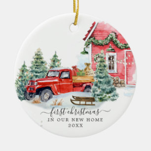 Oude rode vrachtwagen Eerste kerst in nieuw huis Keramisch Ornament