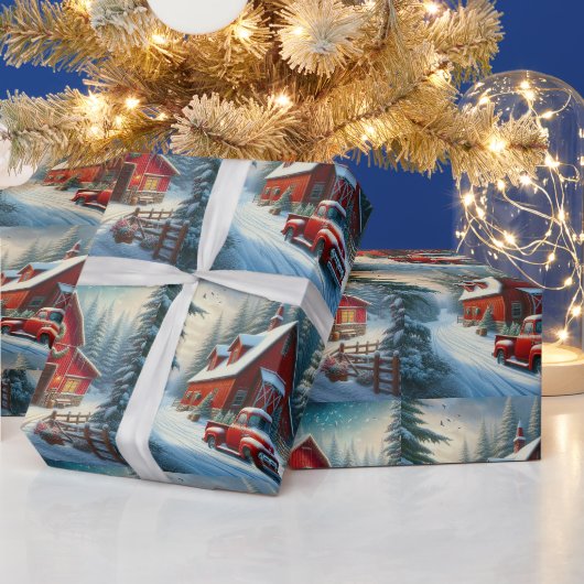 Oude rode vrachtwagen en rode schuur Kerst Cadeaupapier (Feestdagen)