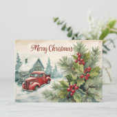 Oude Rode Vrachtwagen Kerstmis Platte Vakantie Kaa Feestdagenkaart (Staand voorkant)