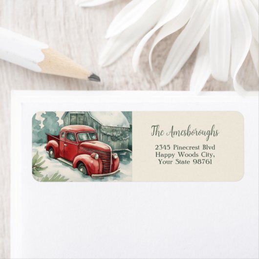 Oude rode vrachtwagen Kerstmis retour adres label (Insitu)